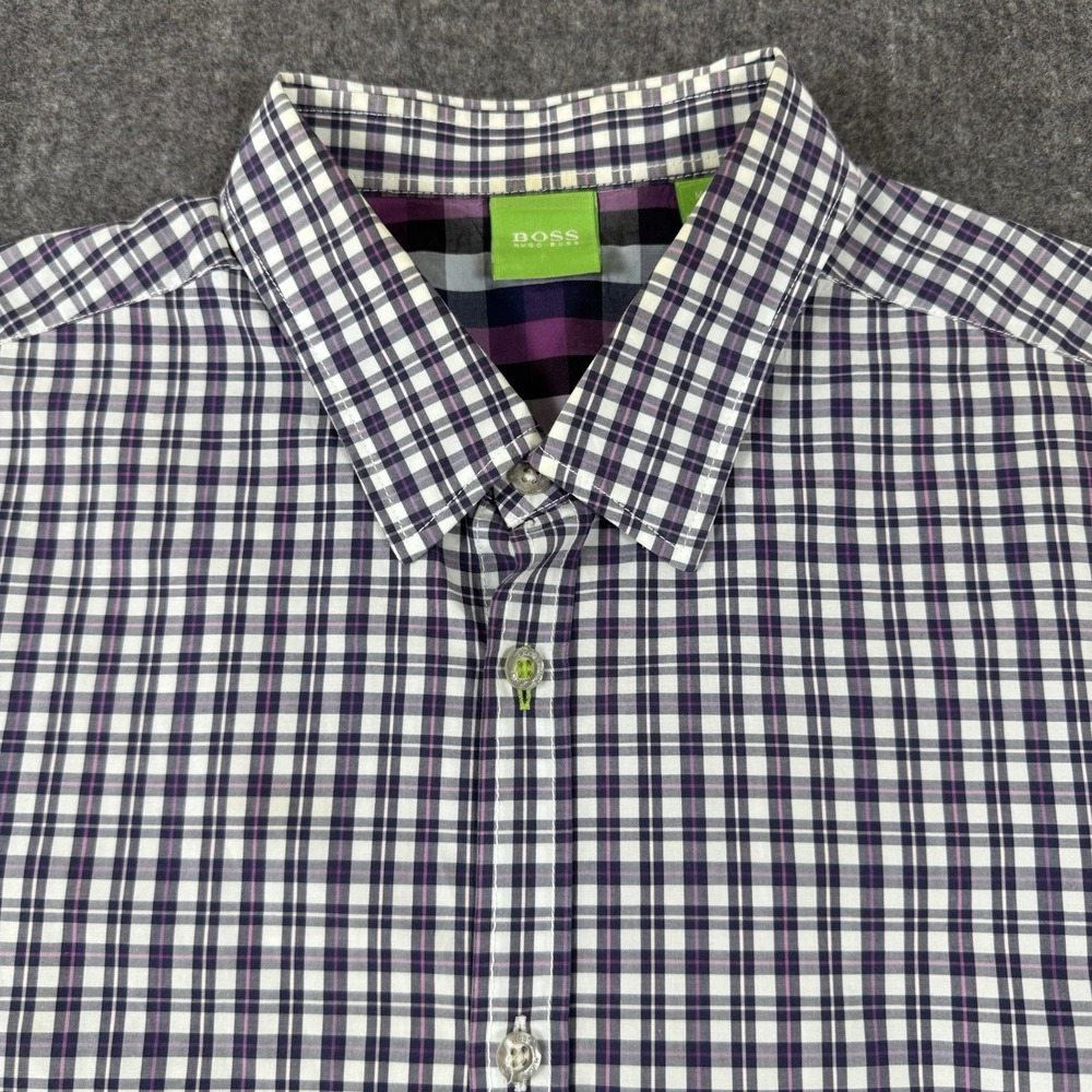 BOSS Hugo Boss Bastiano Men's L Plaid Short Sleeve Button Up Shirt 100% Cotton